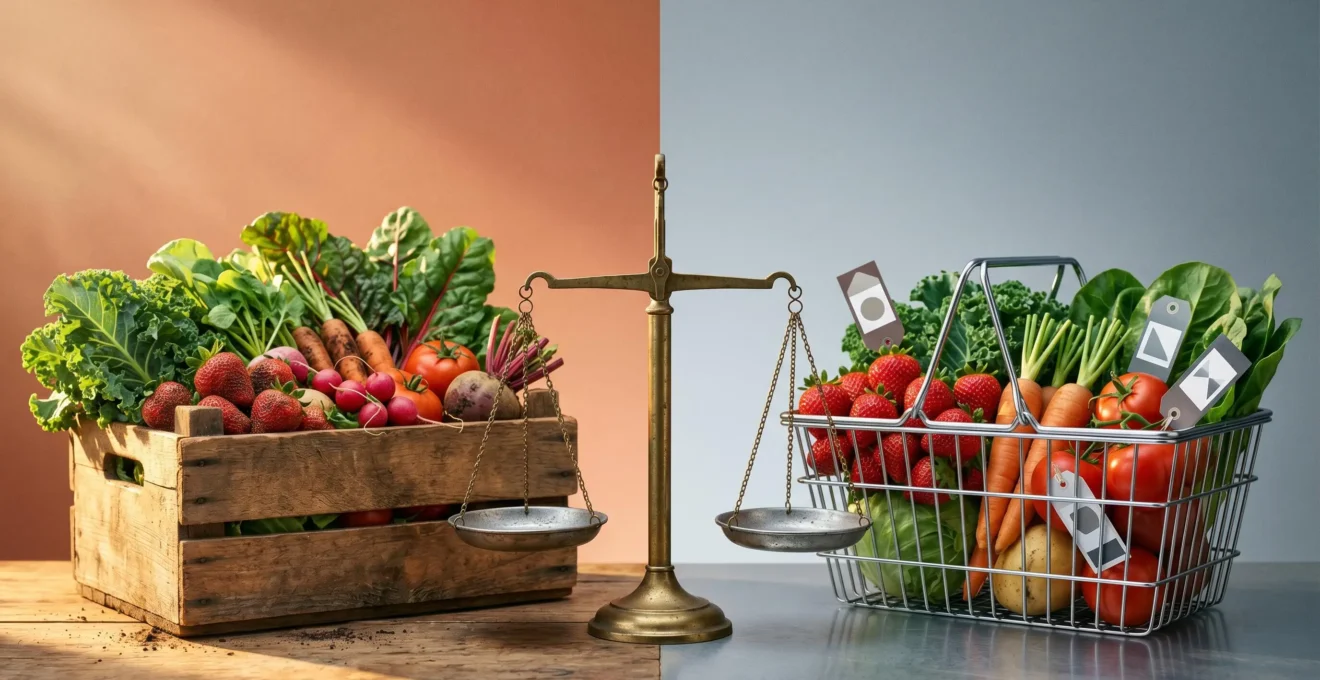 Composition contrastée illustrant le choix entre produits biologiques et conventionnels dans une approche budgétaire raisonnée