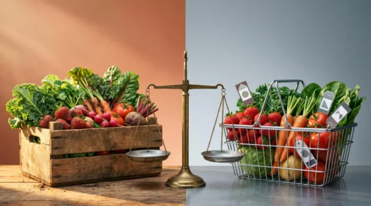 Composition contrastée illustrant le choix entre produits biologiques et conventionnels dans une approche budgétaire raisonnée