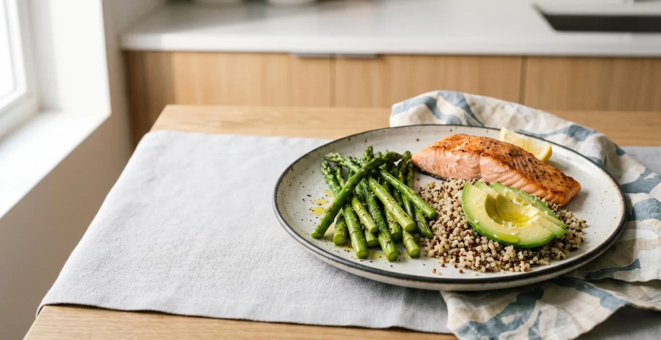 Assiette colorée et équilibrée avec protéines, légumes frais et bons gras illustrant une alimentation anti-fatigue pour femmes actives