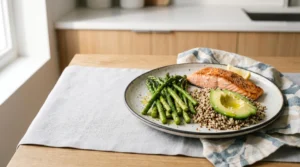 Assiette colorée et équilibrée avec protéines, légumes frais et bons gras illustrant une alimentation anti-fatigue pour femmes actives