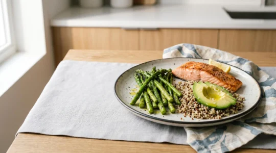 Assiette colorée et équilibrée avec protéines, légumes frais et bons gras illustrant une alimentation anti-fatigue pour femmes actives