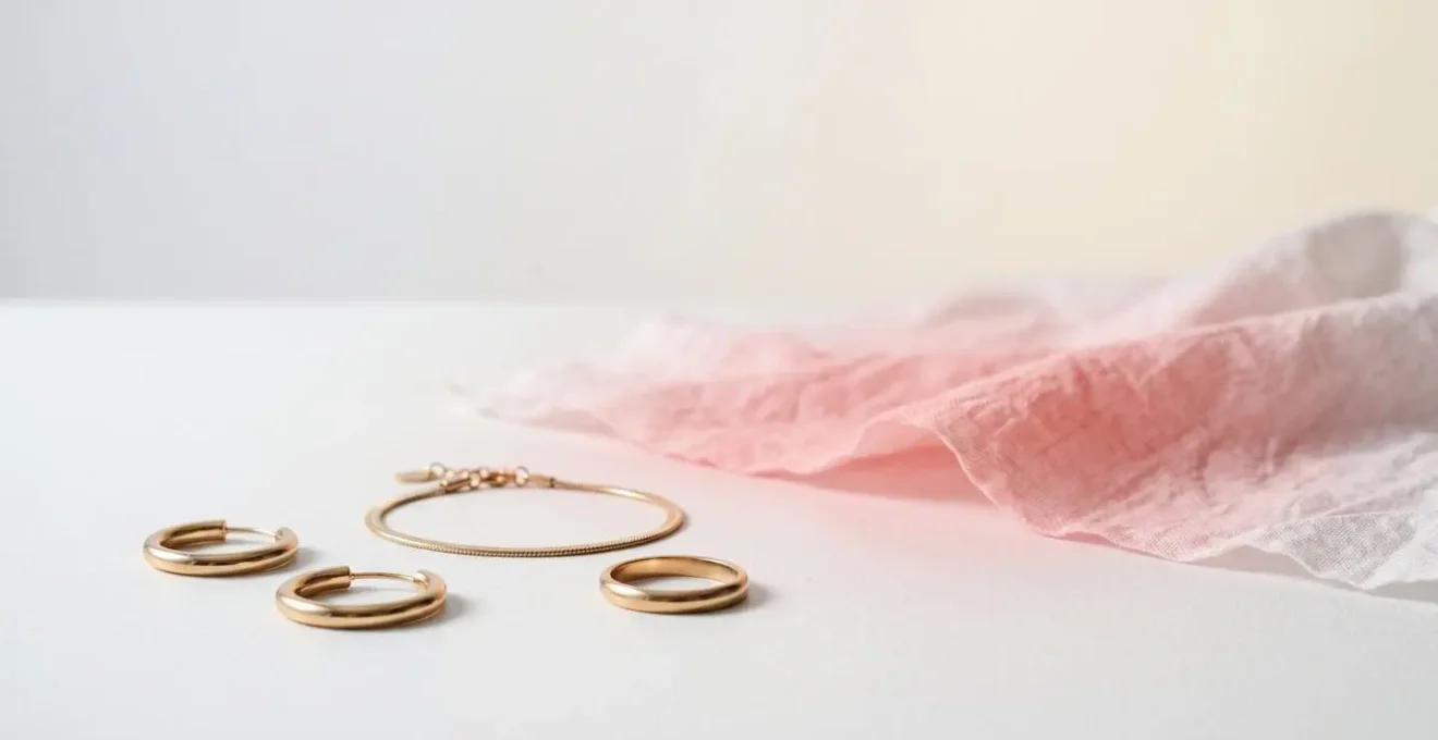 Bijoux fantaisie dorés posés délicatement avec une subtile zone de rougeur cutanée suggérant une réaction allergique