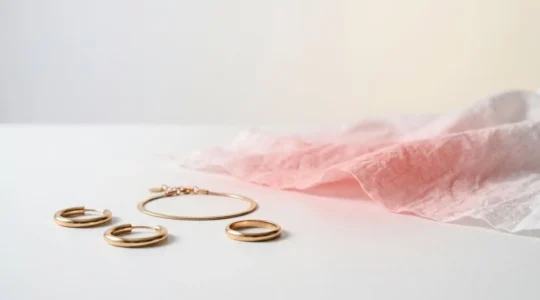 Bijoux fantaisie dorés posés délicatement avec une subtile zone de rougeur cutanée suggérant une réaction allergique