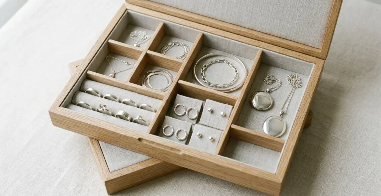 Boîte à bijoux élégante avec compartiments séparés pour la protection de bijoux en argent massif contre l'oxydation