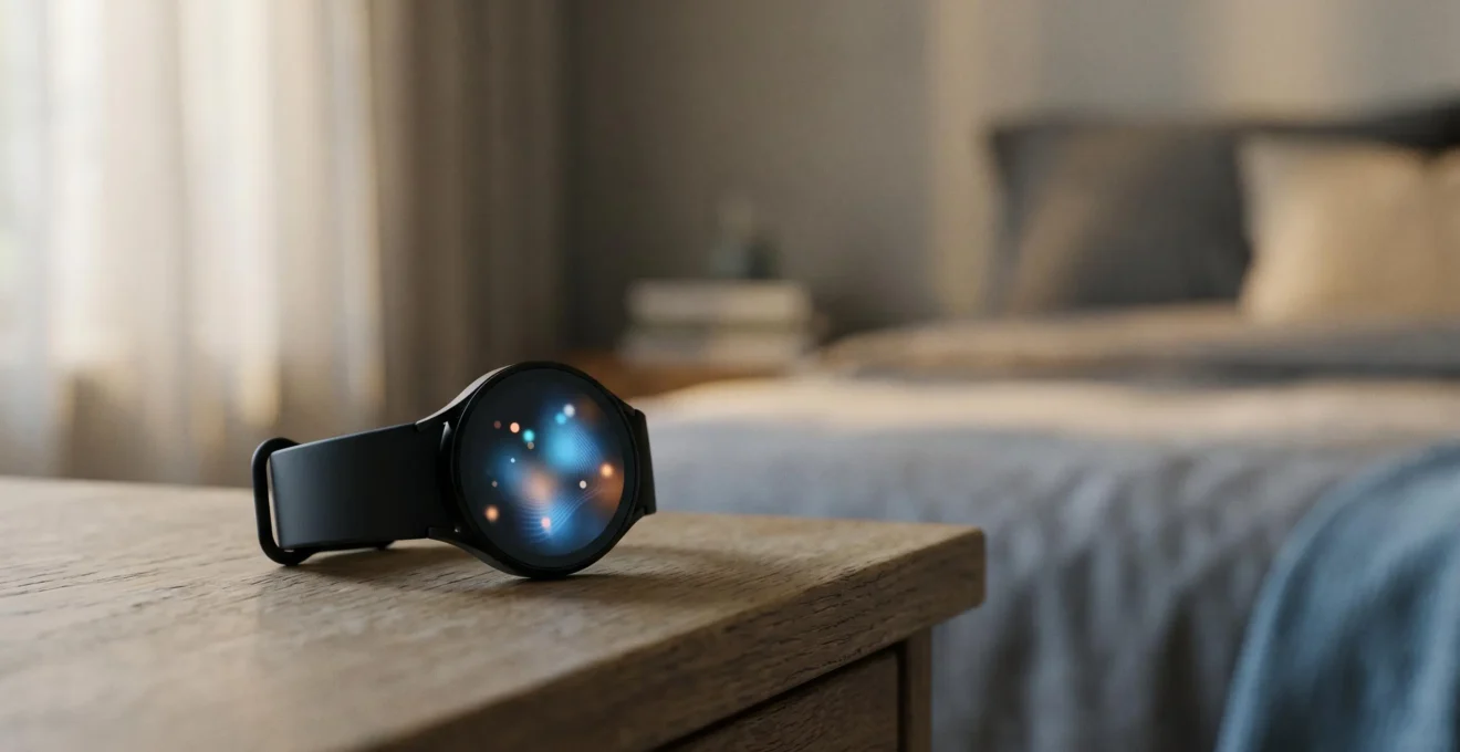 Bracelet connecté posé sur une table dans une chambre tamisée, entouré d'éléments évoquant le sommeil et la technologie