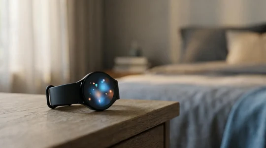 Bracelet connecté posé sur une table dans une chambre tamisée, entouré d'éléments évoquant le sommeil et la technologie