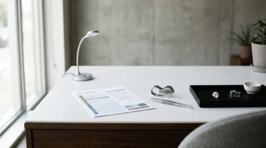 Inspection professionnelle d'un certificat de gemme avec loupe de bijoutier sur fond épuré