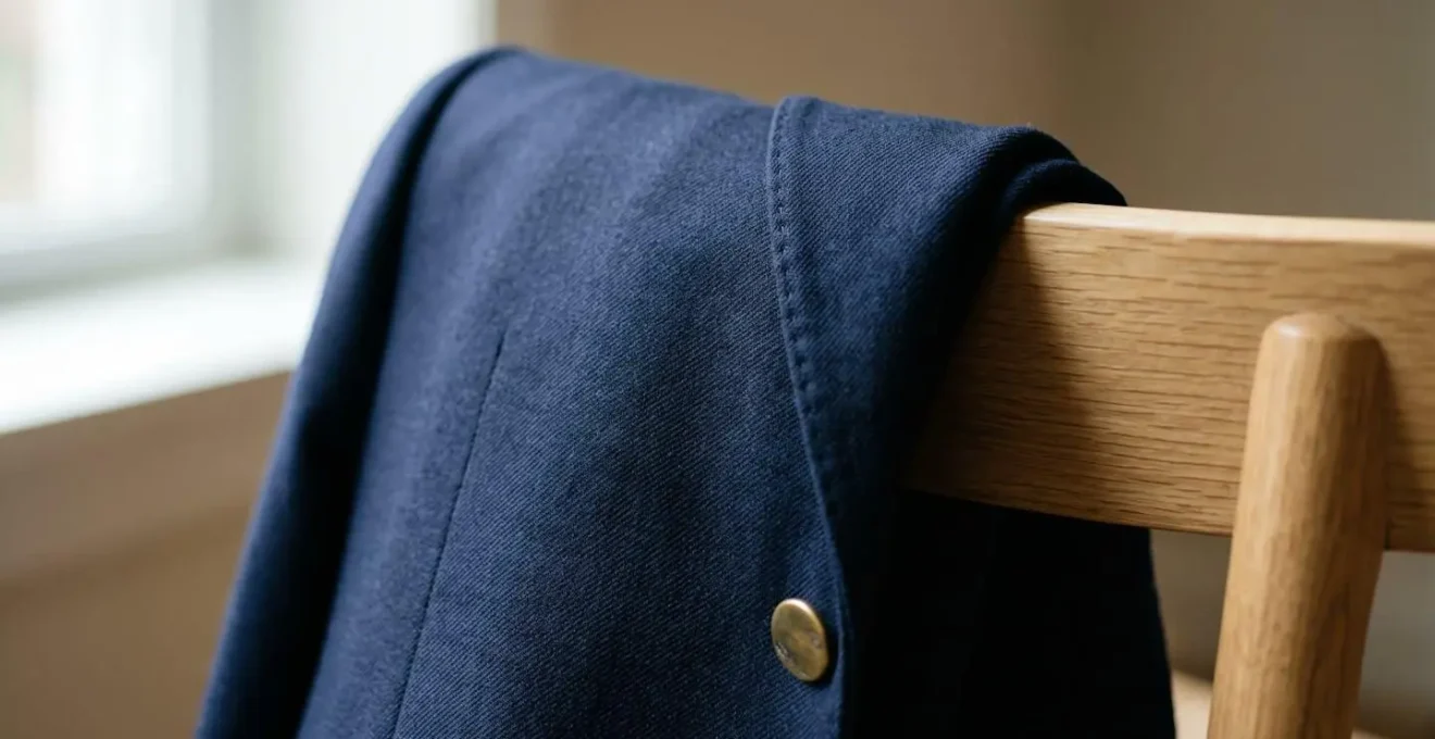 Détail d'une veste de costume marine ajustée avec des textures de tissu laineux raffinées, photographiée en lumière naturelle