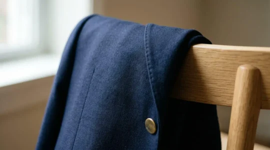 Détail d'une veste de costume marine ajustée avec des textures de tissu laineux raffinées, photographiée en lumière naturelle
