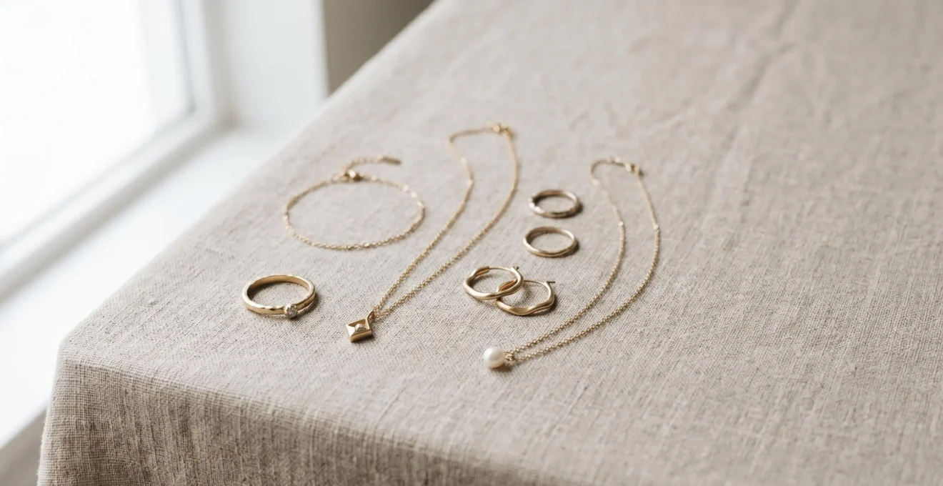 Collection de bijoux fins délicats disposés avec élégance sur fond minimaliste