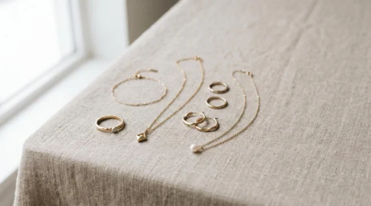 Collection de bijoux fins délicats disposés avec élégance sur fond minimaliste