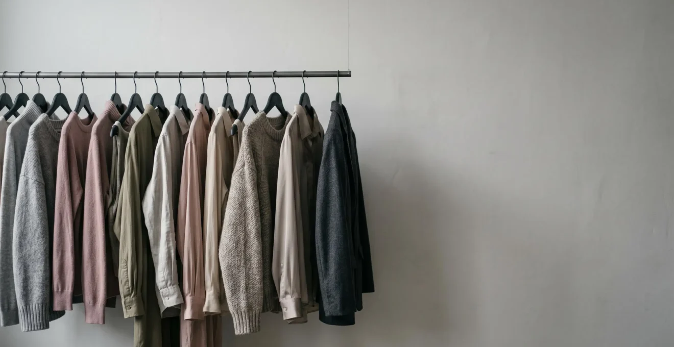 Une collection de vêtements de fast fashion suspendus dans un espace minimaliste évoquant la durée de vie limitée et l'obsolescence programmée