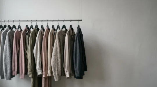Une collection de vêtements de fast fashion suspendus dans un espace minimaliste évoquant la durée de vie limitée et l'obsolescence programmée