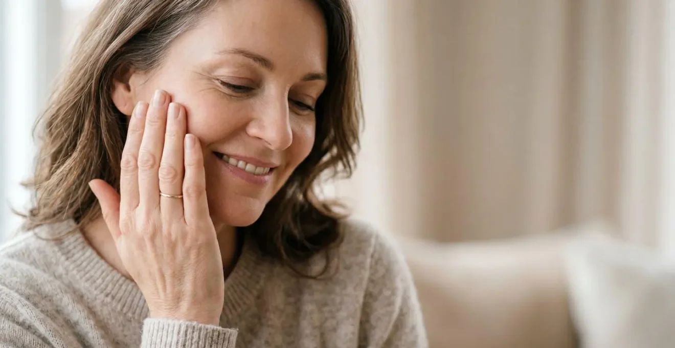 Main féminine touchant délicatement une peau douce et hydratée avec une texture non grasse