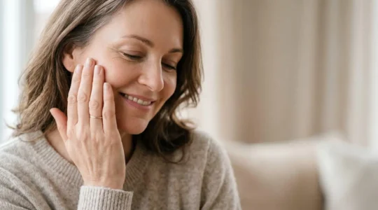 Main féminine touchant délicatement une peau douce et hydratée avec une texture non grasse
