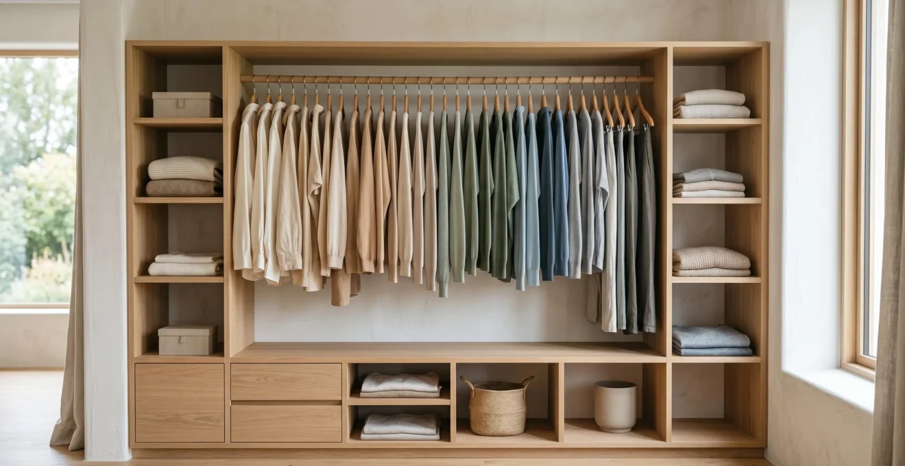 Dressing minimaliste parfaitement rangé avec vêtements organisés par couleur créant une atmosphère de sérénité et d'ordre