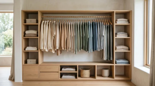 Dressing minimaliste parfaitement rangé avec vêtements organisés par couleur créant une atmosphère de sérénité et d'ordre