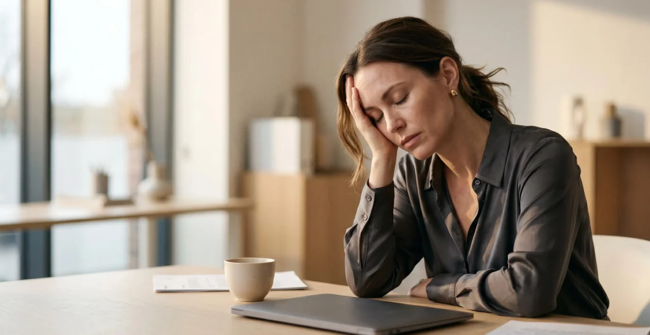 Une femme épuisée assise à son bureau, capturant la fatigue cognitive invisible du travail de bureau