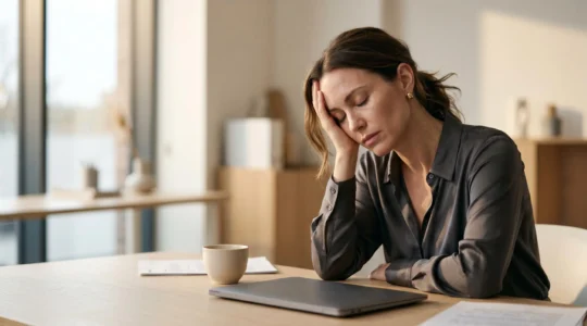 Une femme épuisée assise à son bureau, capturant la fatigue cognitive invisible du travail de bureau