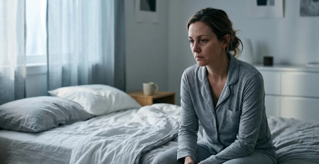 Portrait d'une femme de 40 ans assise au bord de son lit dans une chambre sombre, reflétant la fatigue et les troubles du sommeil liés aux changements hormonaux
