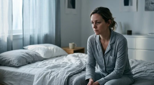 Portrait d'une femme de 40 ans assise au bord de son lit dans une chambre sombre, reflétant la fatigue et les troubles du sommeil liés aux changements hormonaux