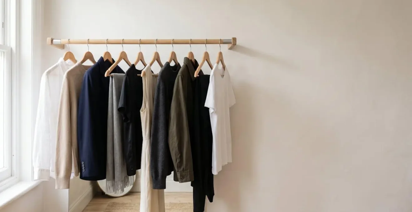 Une garde-robe minimaliste organisée avec des vêtements essentiels soigneusement suspendus