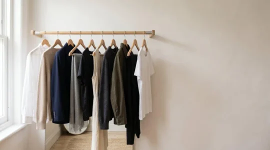 Une garde-robe minimaliste organisée avec des vêtements essentiels soigneusement suspendus