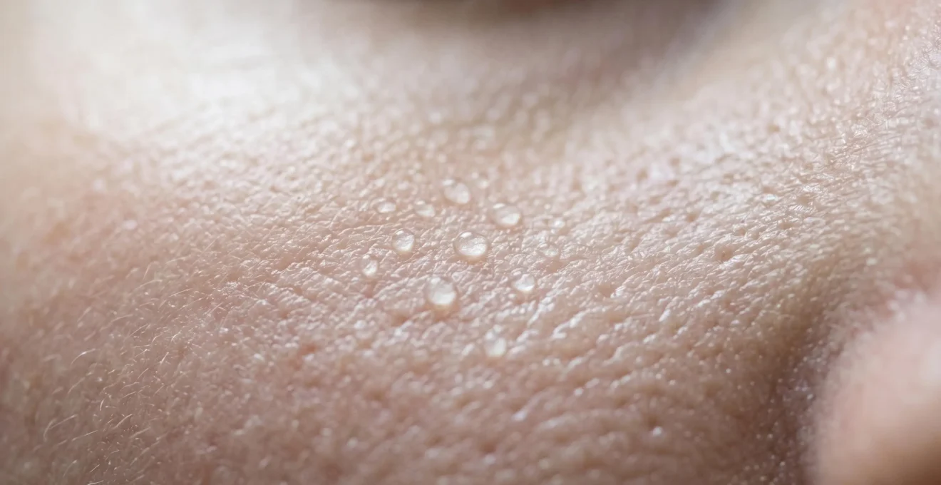 Peau hydratée et repulpée avec gouttes d'eau sur l'épiderme illustrant l'hydratation cutanée profonde