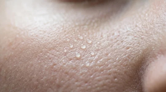 Peau hydratée et repulpée avec gouttes d'eau sur l'épiderme illustrant l'hydratation cutanée profonde