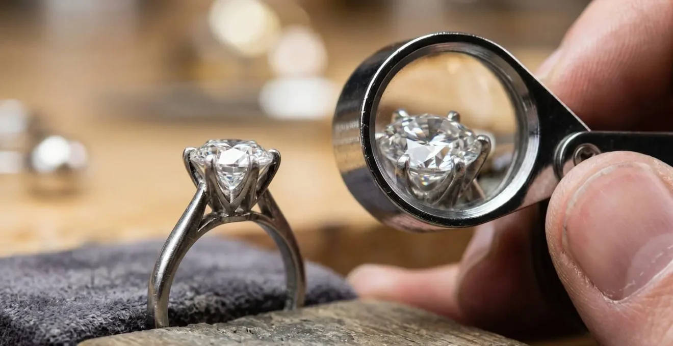 Inspection minutieuse du sertissage d'une bague diamant avec loupe de bijoutier professionnelle
