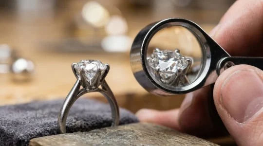 Inspection minutieuse du sertissage d'une bague diamant avec loupe de bijoutier professionnelle