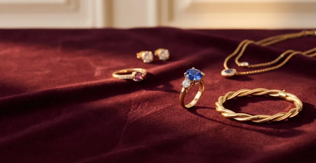 Composition professionnelle présentant la joaillerie française de luxe et l'investissement dans les pièces de collection