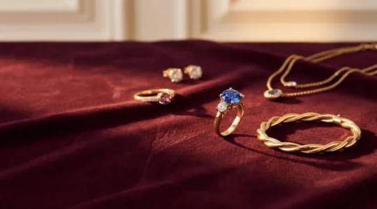 Composition professionnelle présentant la joaillerie française de luxe et l'investissement dans les pièces de collection