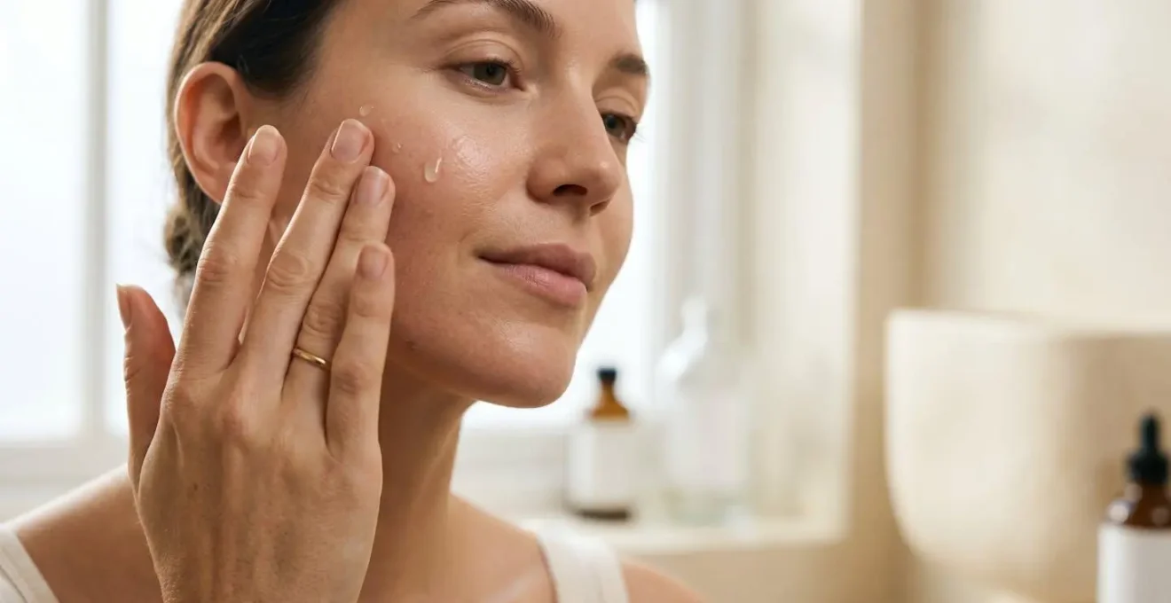 Application en douceur de sérums cosmétiques sur une peau de visage dans une ambiance lumineuse et naturelle