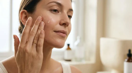 Application en douceur de sérums cosmétiques sur une peau de visage dans une ambiance lumineuse et naturelle