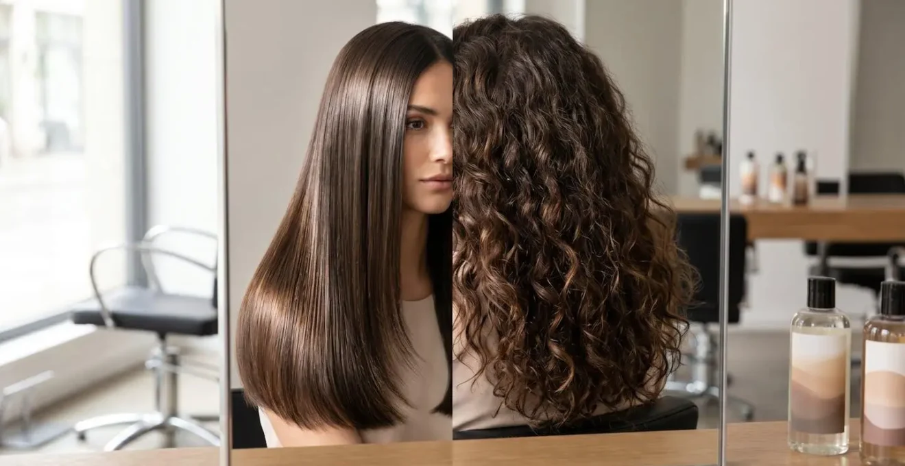 Reflet d'une femme dans un miroir de salon de coiffure professionnel avec bouteilles de shampoing floues en arrière-plan