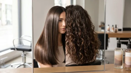 Reflet d'une femme dans un miroir de salon de coiffure professionnel avec bouteilles de shampoing floues en arrière-plan