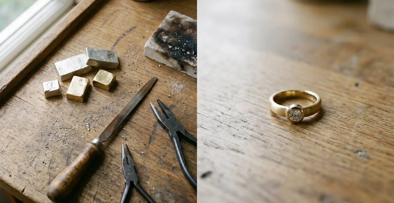 Bijou artisanal en cours de fabrication dans un atelier d'orfèvre avec outils traditionnels