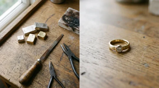 Bijou artisanal en cours de fabrication dans un atelier d'orfèvre avec outils traditionnels