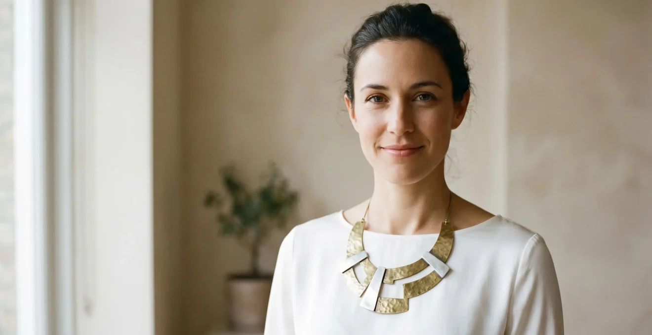 Portrait élégant d'une femme portant un collier statement imposant avec une tenue minimaliste