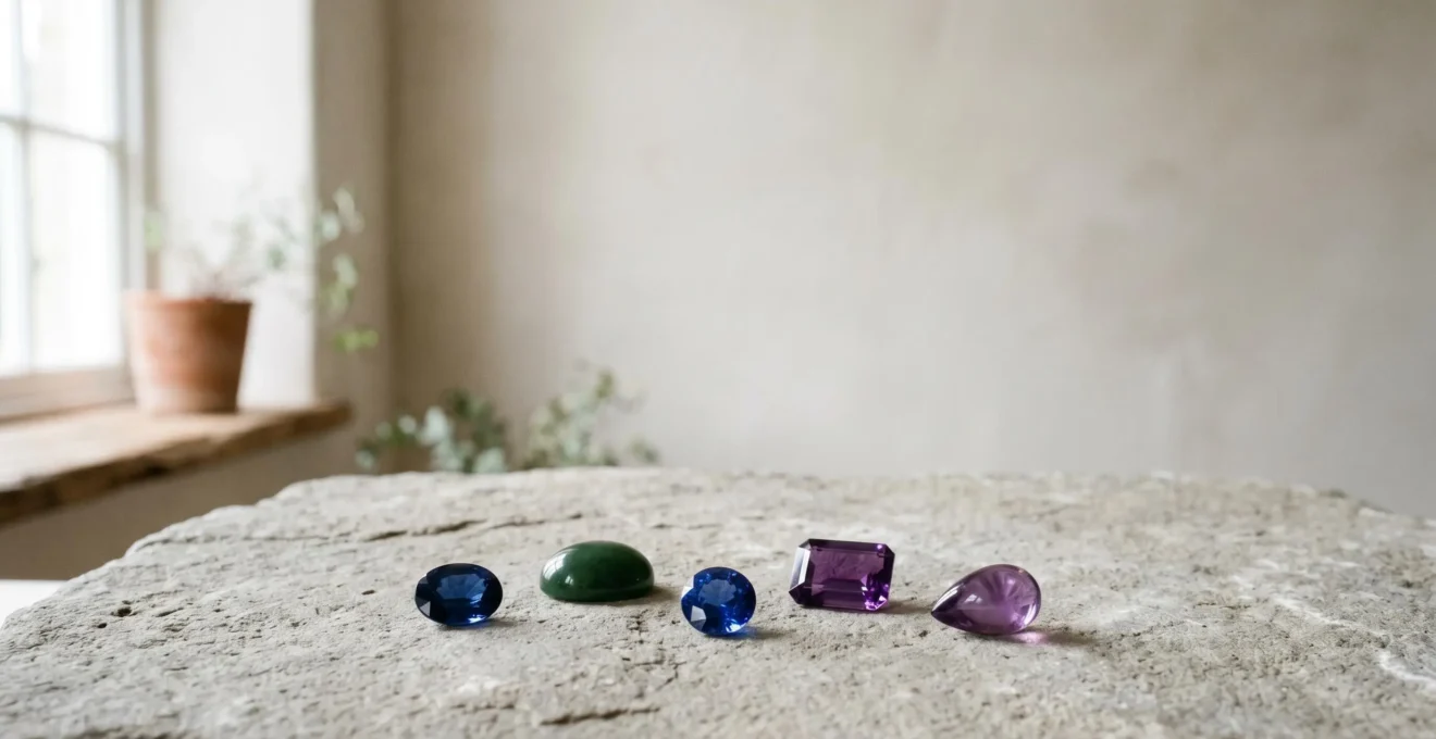 Assortiment de pierres fines naturelles présentant différentes duretés et couleurs sur fond épuré