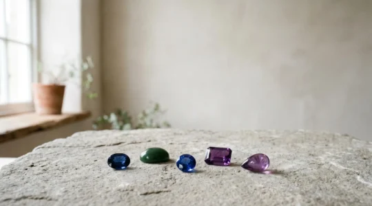 Assortiment de pierres fines naturelles présentant différentes duretés et couleurs sur fond épuré