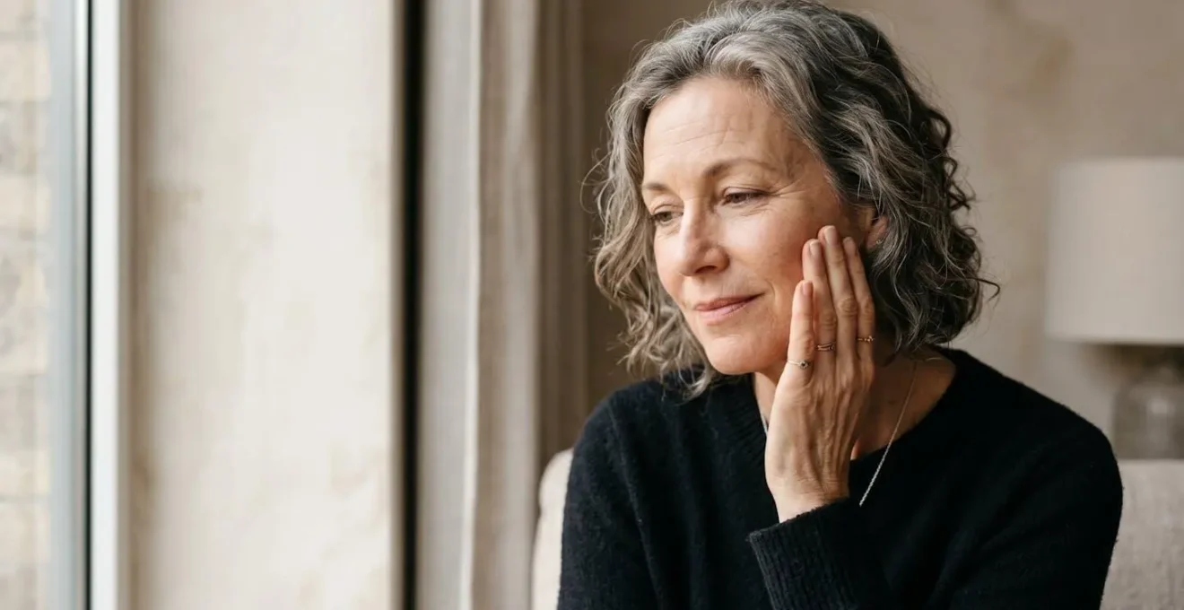 Portrait serré d'une femme mature touchant délicatement son visage dans un moment de soin intime