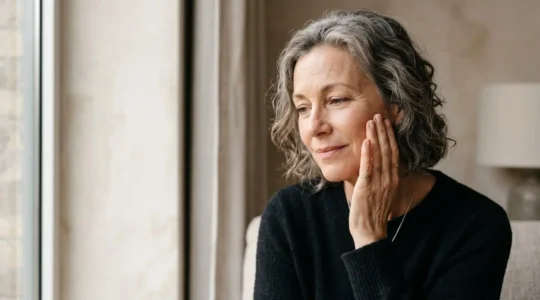 Portrait serré d'une femme mature touchant délicatement son visage dans un moment de soin intime