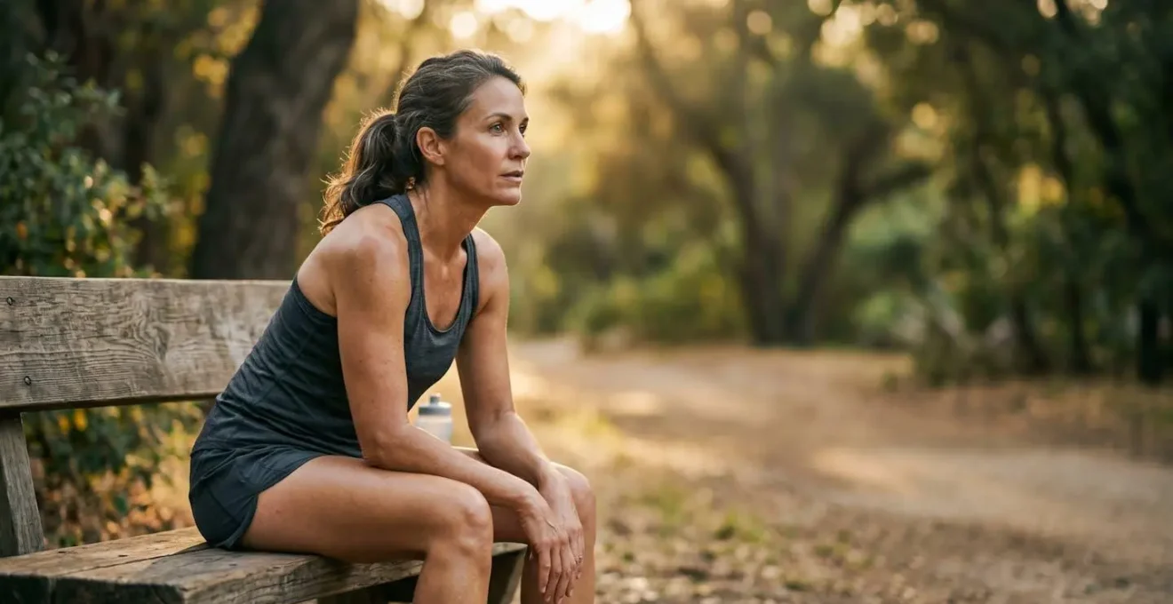 Femme mature en tenue de sport après un entraînement, évoquant la récupération et l'adaptation hormonale avec l'âge