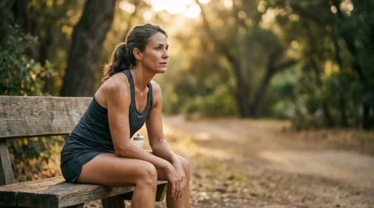 Femme mature en tenue de sport après un entraînement, évoquant la récupération et l'adaptation hormonale avec l'âge