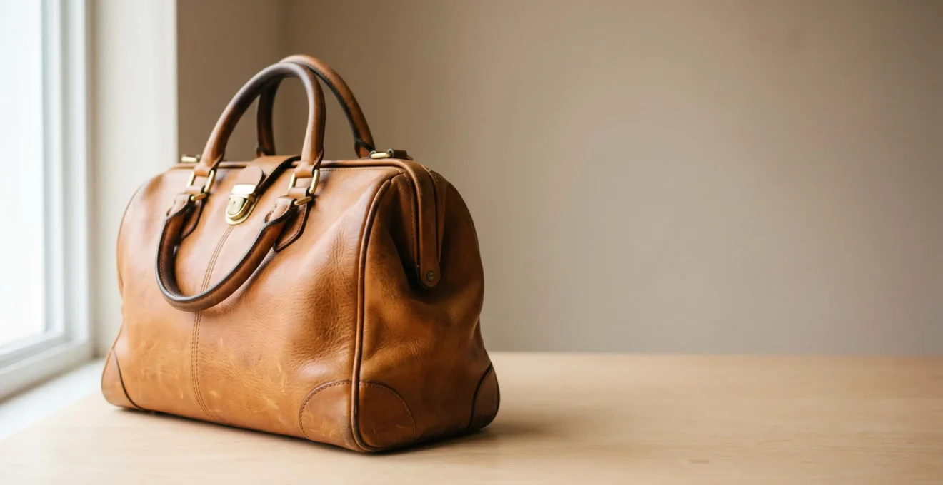 Sac en cuir pleine fleur avec patine naturelle et texture authentique sur fond neutre