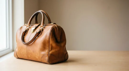 Sac en cuir pleine fleur avec patine naturelle et texture authentique sur fond neutre