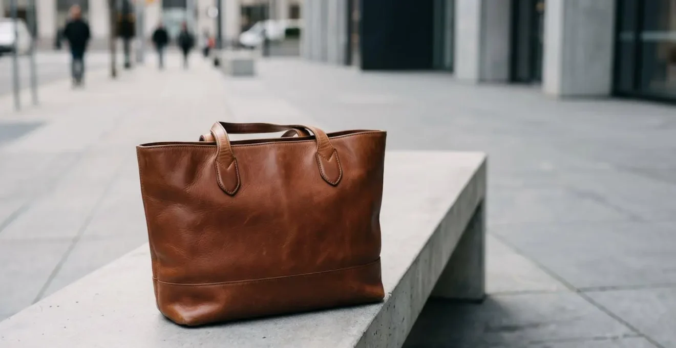 Sac à main en cuir beige présentant des signes d'usure naturelle dans un environnement urbain