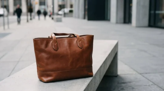 Sac à main en cuir beige présentant des signes d'usure naturelle dans un environnement urbain